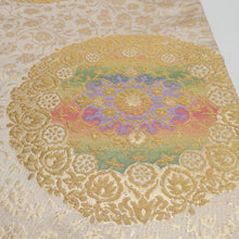 画像をギャラリービューアに読み込む, 袋帯 花唐草丸文 ベージュ色 金糸 ポリエステル 六通柄 仕立て上がり 着物帯 長さ400cm