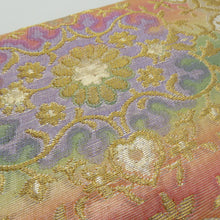 画像をギャラリービューアに読み込む, 袋帯 花唐草丸文 ベージュ色 金糸 ポリエステル 六通柄 仕立て上がり 着物帯 長さ400cm