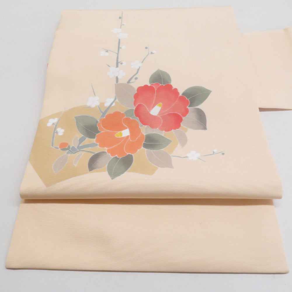 名古屋帯 正絹 塩瀬 友禅染 椿文様 お太鼓柄 九寸帯 ベージュ色 橙色