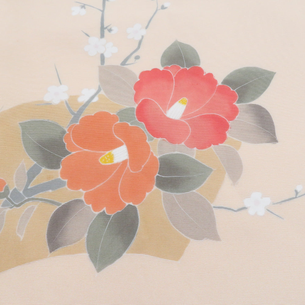 名古屋帯 正絹 塩瀬 友禅染 椿文様 お太鼓柄 九寸帯 ベージュ色 橙色