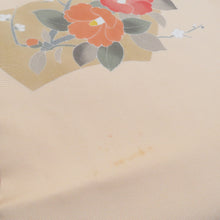 Load image into Gallery viewer, 名古屋帯 正絹 塩瀬 友禅染 椿文様 お太鼓柄 九寸帯 ベージュ色 橙色 カジュアル 仕立て上がり 着物帯 長さ363cm