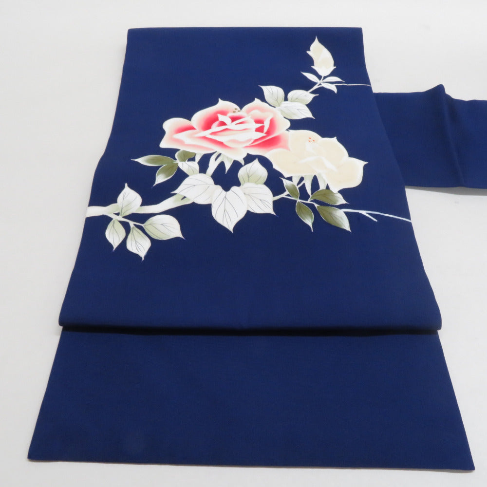 名古屋帯 正絹 塩瀬 牡丹文様 お太鼓柄 九寸帯 紺色 カジュアル 仕立て