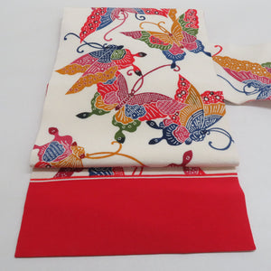 栗山吉三郎 名古屋帯 京紅型 型染 縮緬 揚羽蝶文様 ベージュ色 赤色 全