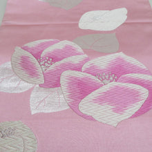 画像をギャラリービューアに読み込む, 袋帯 振袖用 三松 Kimonossimo 椿文様 桃色 ピンク 銀糸 六通柄 正絹 仕立て上がり 着物帯 長さ436cm