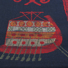 画像をギャラリービューアに読み込む, 名古屋帯 正絹 紬地 異国船柄 八寸帯 紺色 松葉仕立て カジュアル 仕立て上がり 着物帯 長さ350cm