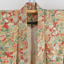 画像をギャラリービューアに読み込む, 小紋 紬地 花に家屋文様 単衣 バチ衿 茶黄色 正絹 仕立て上がり カジュアル着物 身丈153cm