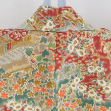 画像をギャラリービューアに読み込む, 小紋 紬地 花に家屋文様 単衣 バチ衿 茶黄色 正絹 仕立て上がり カジュアル着物 身丈153cm