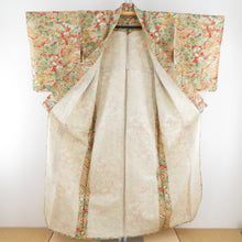 画像をギャラリービューアに読み込む, 小紋 紬地 花に家屋文様 単衣 バチ衿 茶黄色 正絹 仕立て上がり カジュアル着物 身丈153cm