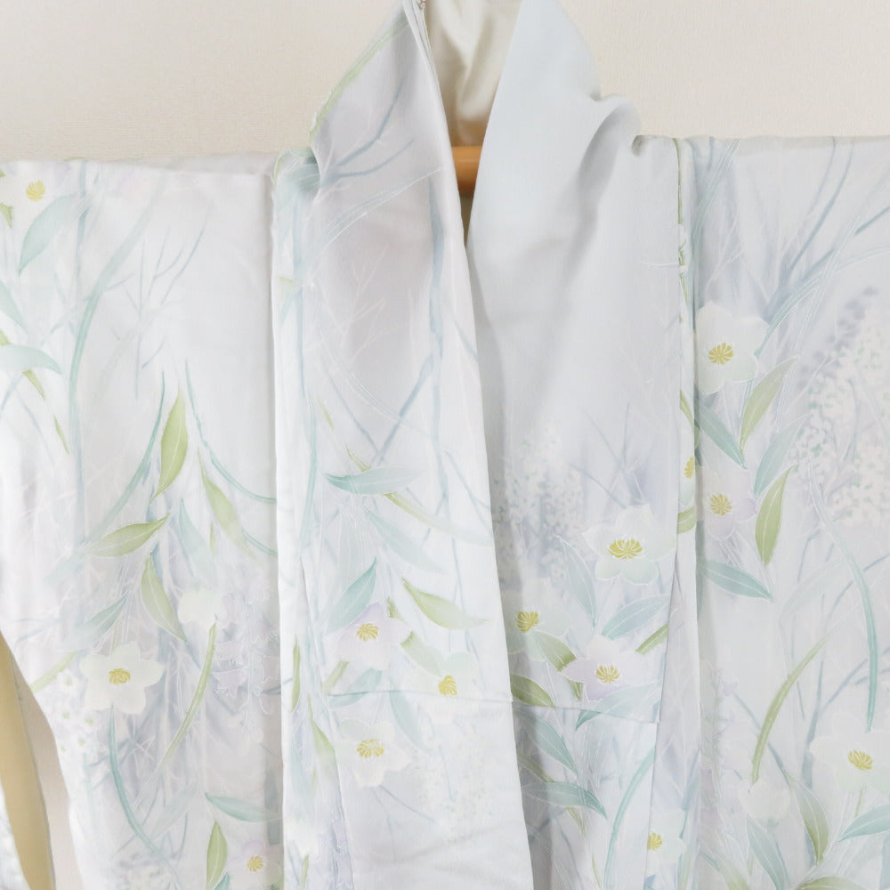 小紋 桔梗に鈴蘭文様 袷 広衿 水色 正絹 仕立て上がり カジュアル着物