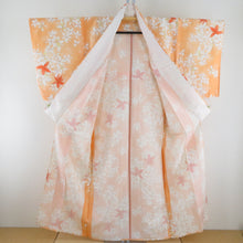 画像をギャラリービューアに読み込む, 小紋 紬地 沢潟文様 単衣 広衿 橙色 正絹 仕立て上がり カジュアル着物 身丈153cm