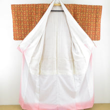 画像をギャラリービューアに読み込む, 小紋 更紗格子柄 赤色 袷 広衿 ポリエステル 洗える着物 仕立て上がり カジュアル 身丈156cm