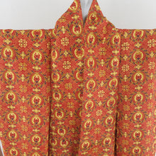 画像をギャラリービューアに読み込む, 小紋 更紗格子柄 赤色 袷 広衿 ポリエステル 洗える着物 仕立て上がり カジュアル 身丈156cm