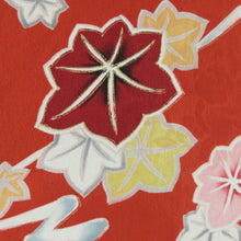 画像をギャラリービューアに読み込む, 道行 アンティーク 菊に紅葉 ちりよけコート 正絹 赤色 レトロ 着物用 身丈108cm