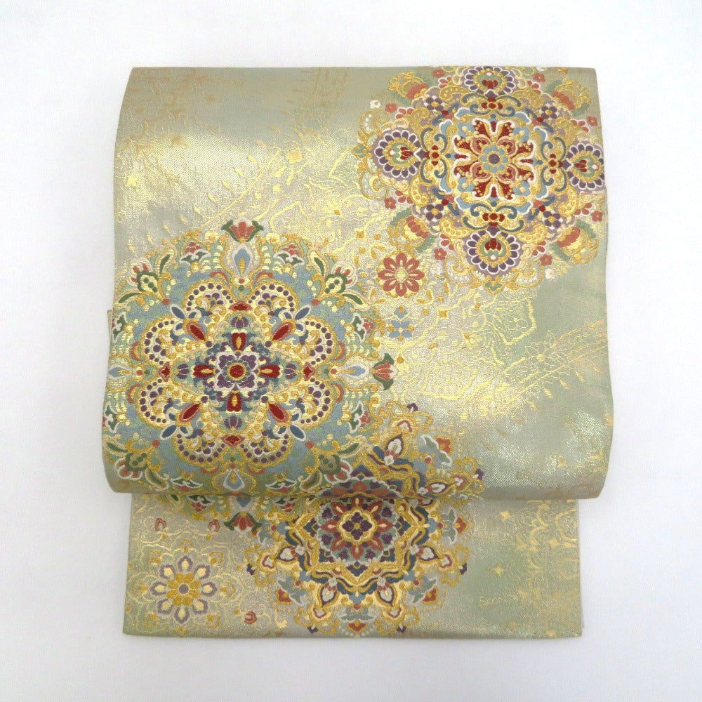 袋帯 薄白緑 正倉院文様 宝相華 金糸 正絹 フォーマル 仕立て上がり