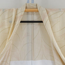 Load image into Gallery viewer, 夏着物 小紋 広衿 薄ベージュ色ｘ黄緑ｘ薄茶色 ススキ模様 居敷当て付き 身丈LLサイズ 薄物 夏用 仕立て上がり 身丈168cm