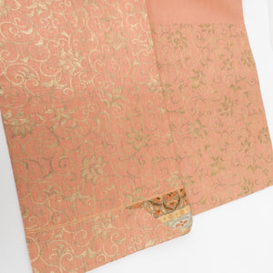 袋帯 彫金箔 サーモンオレンジ 金花唐草 道長取 六通柄 正絹 長さ432cm 美品