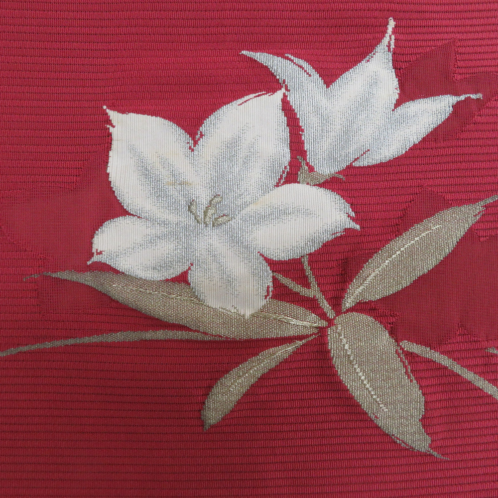 名古屋帯 楓　刺繍 金糸　絽　夏帯 名古屋帯 夏帯 絽 赤ピンク色x白色 金糸銀糸 花文様 お太鼓柄 正絹