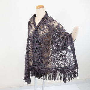 ショール 無月刺繍 奄美大島 泥染絣系 シルク 灰色x白x薄赤色 和装や