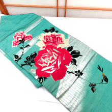 Load image into Gallery viewer, 名古屋帯 アンティーク帯 昔名古屋帯 絹 緑×多色×銀彩 真垣 薔薇 風景 昔帯 レトロモダン 明治・大正ロマン 長さ343.5cm