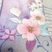 Load image into Gallery viewer, 名古屋帯 正絹 シルバーｘ緑紫ぼかし 花刺繍 アイアン調デザイン PAUL MAUAIAT カジュアル 仕立て上がり 着物帯 普段使い 長さ356.5cm