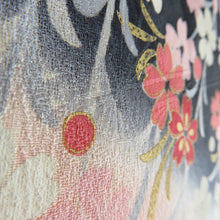 画像をギャラリービューアに読み込む, 振袖 正絹 3点セット【着物 長襦袢 袋帯】ピンク色ｘ赤色ｘ黒色 扇子に桜文様 箔入り ぼかし 仕立て上がり 成人式 身丈159cm