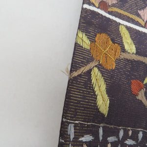 袋帯 スワトー刺繍 正絹 金糸 華文様 茄子色x多色 六通柄 仕立て