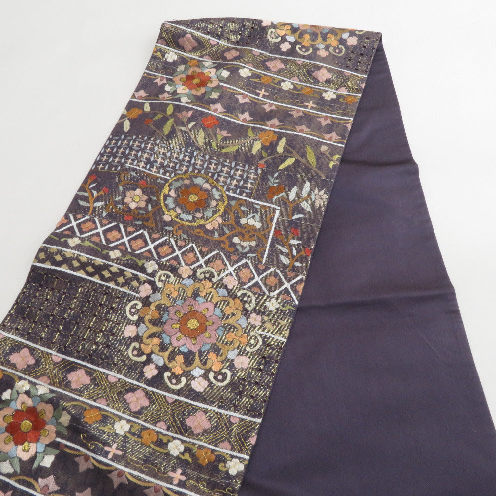 袋帯 スワトー刺繍 正絹 金糸 華文様 茄子色x多色 六通柄 仕立て