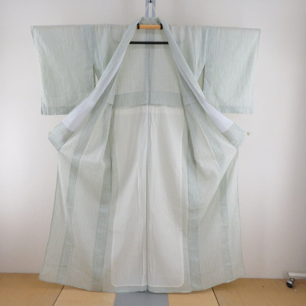 夏着物 小紋 小千谷縮 麻 ちじみ 広衿 薄緑色x薄青色 縦縞模様 夏用