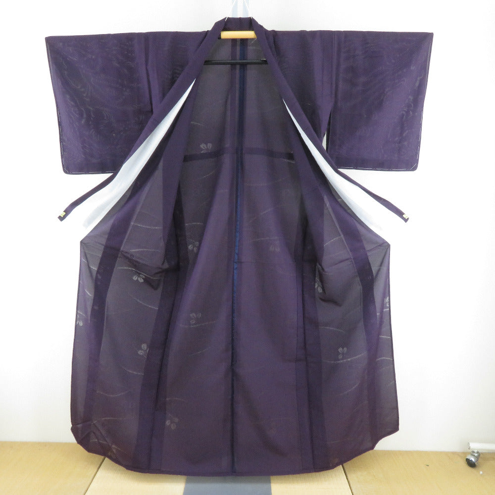 夏着物 小紋 濃い紫色 絹 萩模様 夏用 カジュアル 仕立て上がり【中古