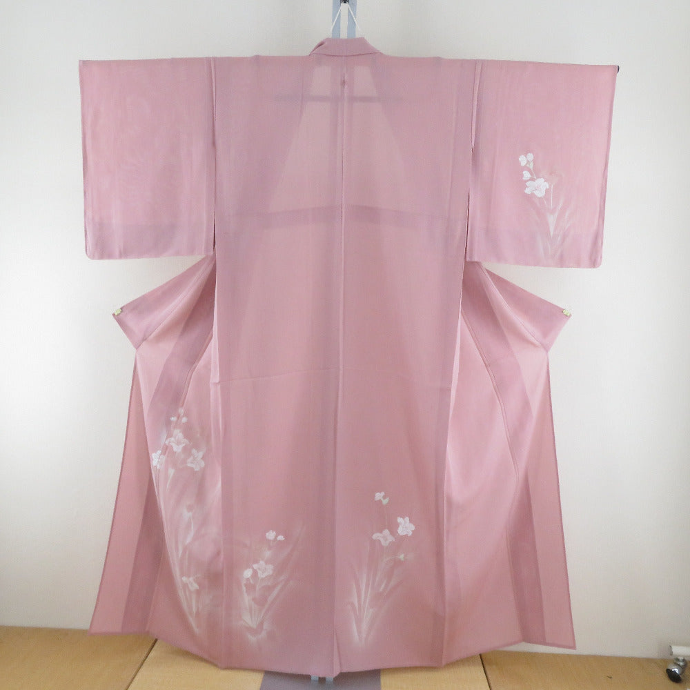夏着物 付下げ 絽 広衿 ピンク色x白色 花文様 一つ紋 蔦紋 絹 夏用