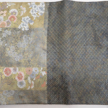 画像をギャラリービューアに読み込む, 袋帯 灰色ｘ金色ｘ緑色ｘ多色 金糸銀糸 色紙に鳥文様 六通柄 正絹 フォーマル 着物帯 長さ440cm