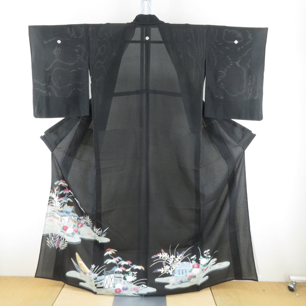 夏着物 黒留袖 夏用 絽 黒色x多色 風景文様 箔入り 木瓜紋 夏物