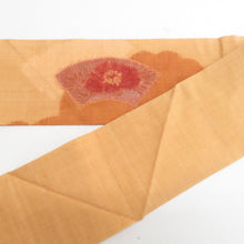 Load image into Gallery viewer, 名古屋帯 スワトー刺繍 お太鼓柄 黄色ｘエンジ色ｘ茶色 地紙文 紬地 正絹 カジュアル 仕立て上がり 長さ357cm