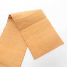 Load image into Gallery viewer, 名古屋帯 スワトー刺繍 お太鼓柄 黄色ｘエンジ色ｘ茶色 地紙文 紬地 正絹 カジュアル 仕立て上がり 長さ357cm