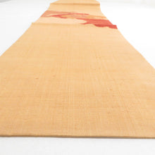 Load image into Gallery viewer, 名古屋帯 スワトー刺繍 お太鼓柄 黄色ｘエンジ色ｘ茶色 地紙文 紬地 正絹 カジュアル 仕立て上がり 長さ357cm