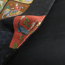 Load image into Gallery viewer, 袋帯 洒落袋帯 正絹 織文様 メルヘン調 四角にオリエンタル文様 黒色ｘ紺色ｘ多色 カラフル 六通柄 長さ456cm