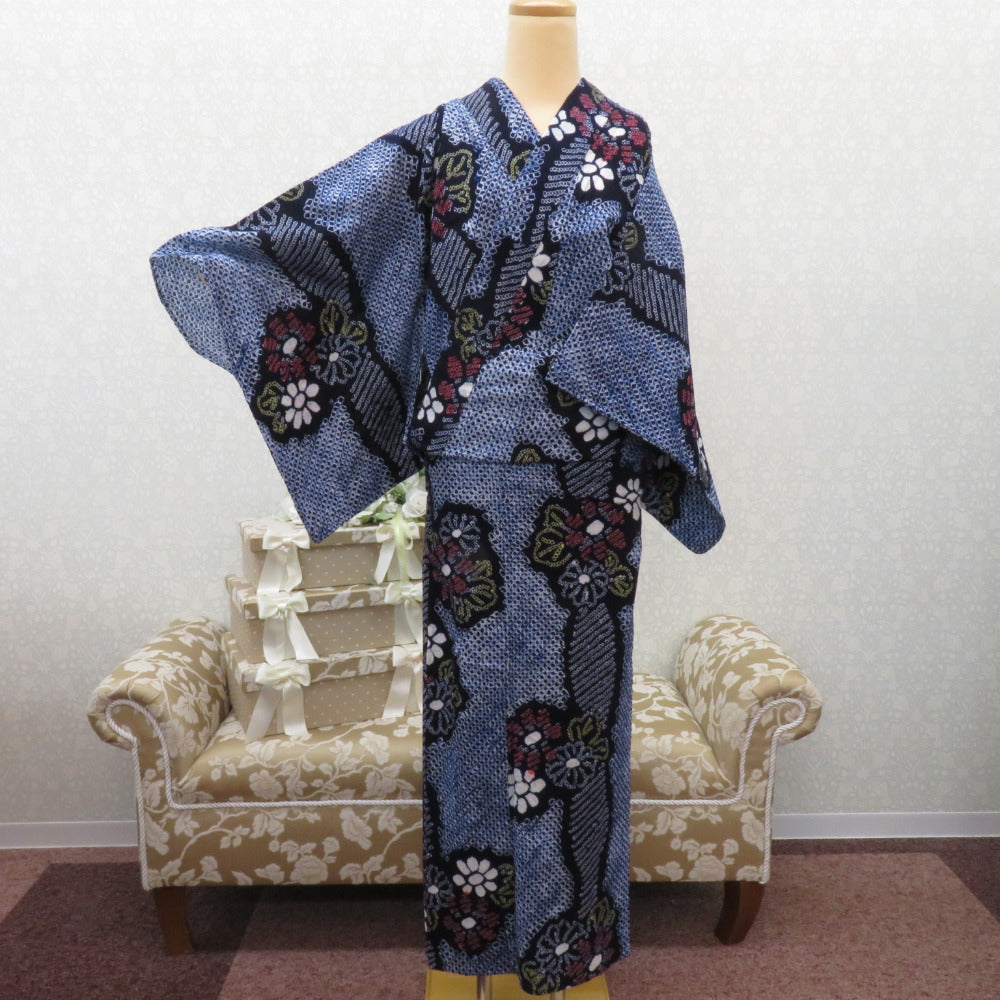 浴衣 絞り浴衣 紺色×赤色×黄色 花模様 仕立て上がり 夏物 女性用ゆかた