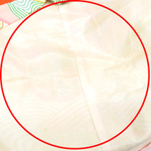 Load image into Gallery viewer, 子供着物 アンティーク 昔 薄ピンク 多色 波 霞 丸に葉と観世水 箔散らし 女児用 四つ身 レトロ きもの リメイク用 身丈115cm 難あり