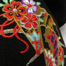 Load image into Gallery viewer, 子供着物 女児用 子ども用 作り帯 結び帯 7歳用 ブラック 花・扇子 刺繍 縮緬 七五三 祝着 晴れ着 舞台衣装 ちりめん