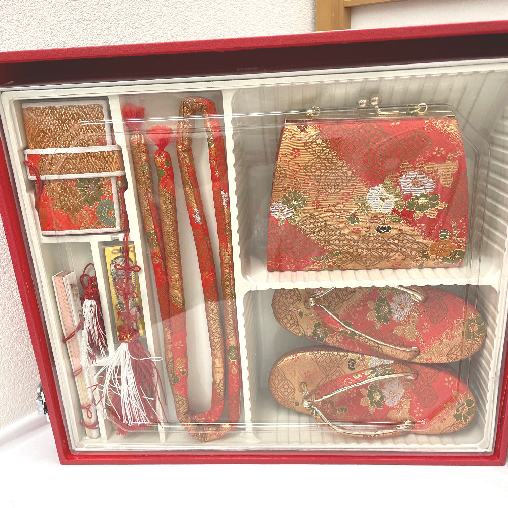 子供着物 女児 筥迫セット 朱×金 花模様 女の子用 草履サイズ17cm