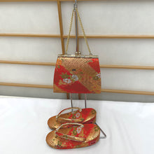 Load image into Gallery viewer, 子供着物 女児 筥迫セット 朱×金 花模様 女の子用 草履サイズ17cm 七五三 はこせこ 作り帯 結び帯 バッグ キッズ