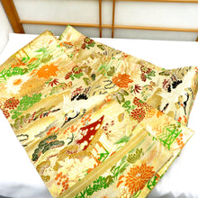 Load image into Gallery viewer, 丸帯 アンティーク 金糸 ゴールドｘ多色 両面 鶴 金雲 花々 風景 吉祥文 全通 仕立上がり レトロ 明治・大正ロマン 昔着物用帯