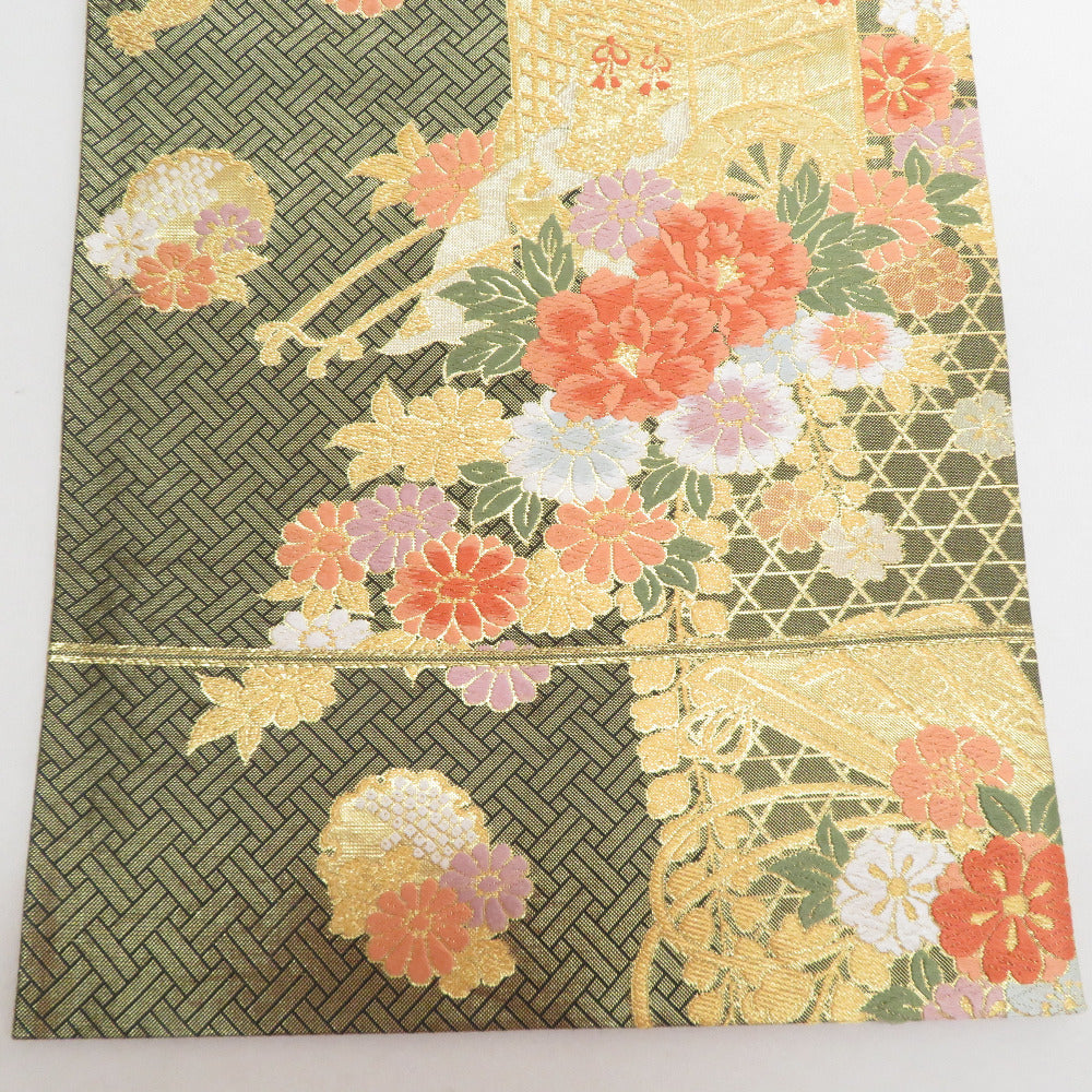 袋帯 花車に花扇文様 六通柄 刺繍入り 金色x黒色x多色 カラフル
