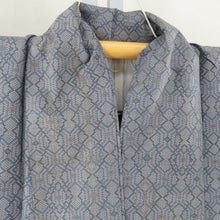 画像をギャラリービューアに読み込む, 紬 着物 袷 広衿 灰色ｘ青色ｘ白色ｘ紫色ｘ辛子色 幾何学模様 正絹 カジュアル 身丈Ｌサイズ 仕立て上がり着物 身丈160cm