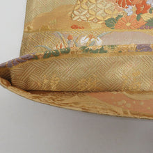 Load image into Gallery viewer, 袋帯 金糸 ゴールド系 金色ｘオレンジ色x緑色 六通柄 地紙文に花車と花々 煌珠箔 正絹 フォーマル 仕立て上がり 着物帯 長さ440cm