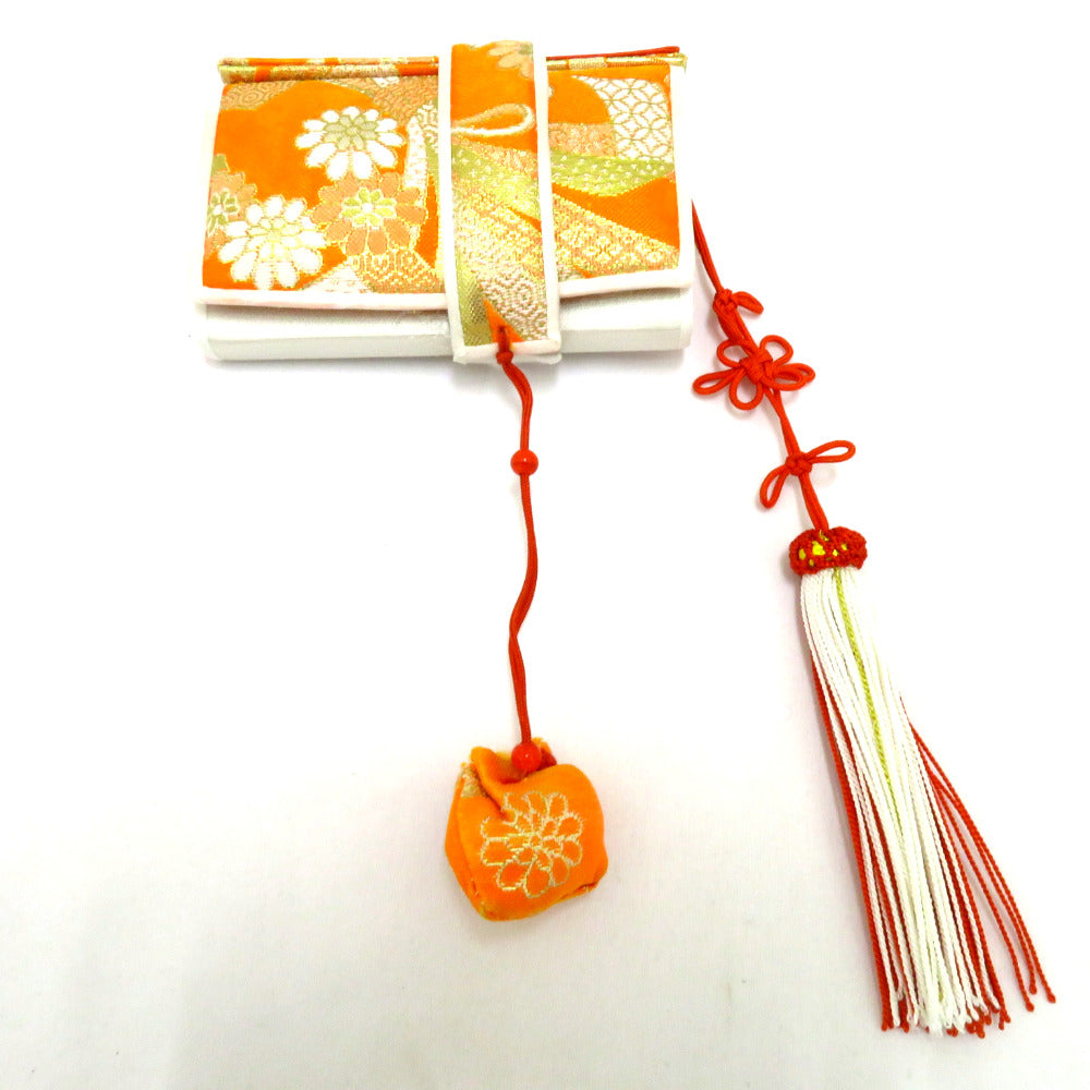 着付け小物 女児用箱セコセット オレンジ×白×金 花 熨斗目柄 筥迫 筥迫