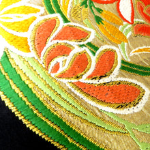 画像をギャラリービューアに読み込む, 丸帯 アンティーク 黒×金×多色 両面 花の丸 刺繍 全通 レトロ 明治・大正ロマン 昔着物用帯 昔帯 リメイク フォーマル 長さ420.2cm