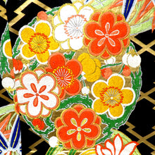 画像をギャラリービューアに読み込む, 丸帯 アンティーク 黒×金×多色 両面 花の丸 刺繍 全通 レトロ 明治・大正ロマン 昔着物用帯 昔帯 リメイク フォーマル 長さ420.2cm