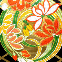 画像をギャラリービューアに読み込む, 丸帯 アンティーク 黒×金×多色 両面 花の丸 刺繍 全通 レトロ 明治・大正ロマン 昔着物用帯 昔帯 リメイク フォーマル 長さ420.2cm