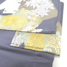 Load image into Gallery viewer, 名古屋帯 作り帯 名古屋帯 ブルーグレー地 扇面 花刺繍 正絹 分離型 ワンタッチ名古屋帯 未使用品